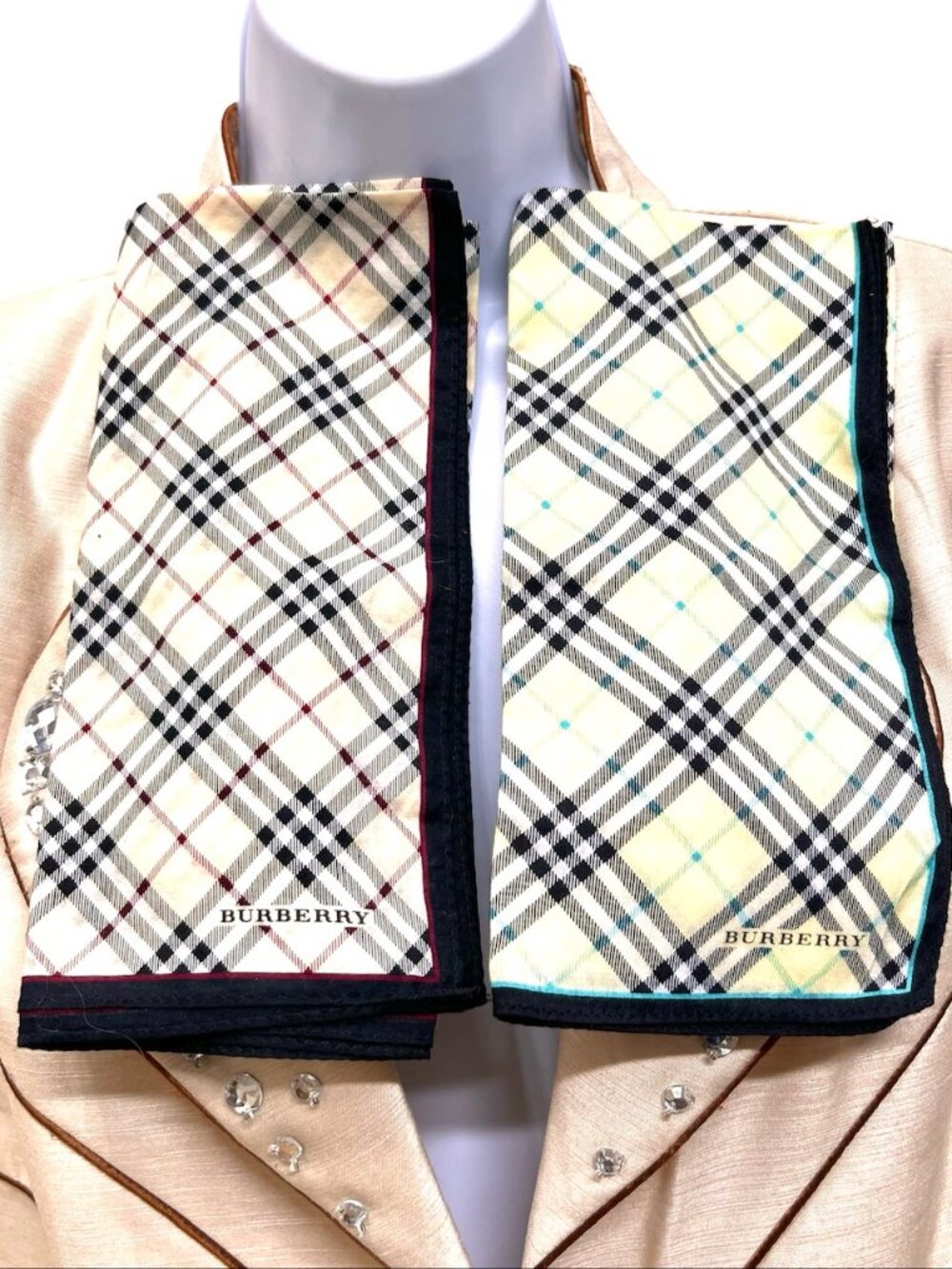 Set of 2  Burberrys Mini Sxarf 19"  Cotton Peach, Yelow Pink Black Check (90